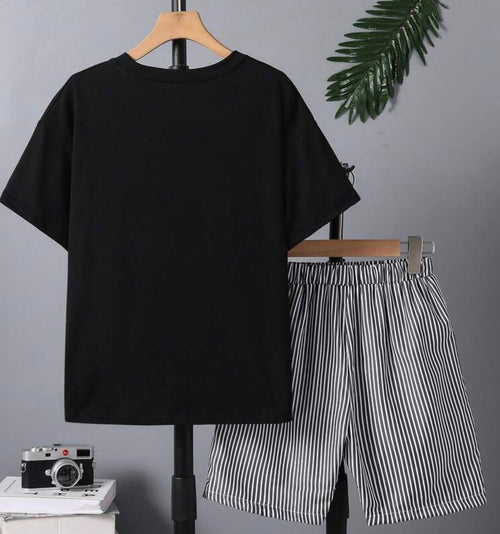 Boys Navy Blue Striped T-Shirt & Loose Shorts Casual Summer Sports Set