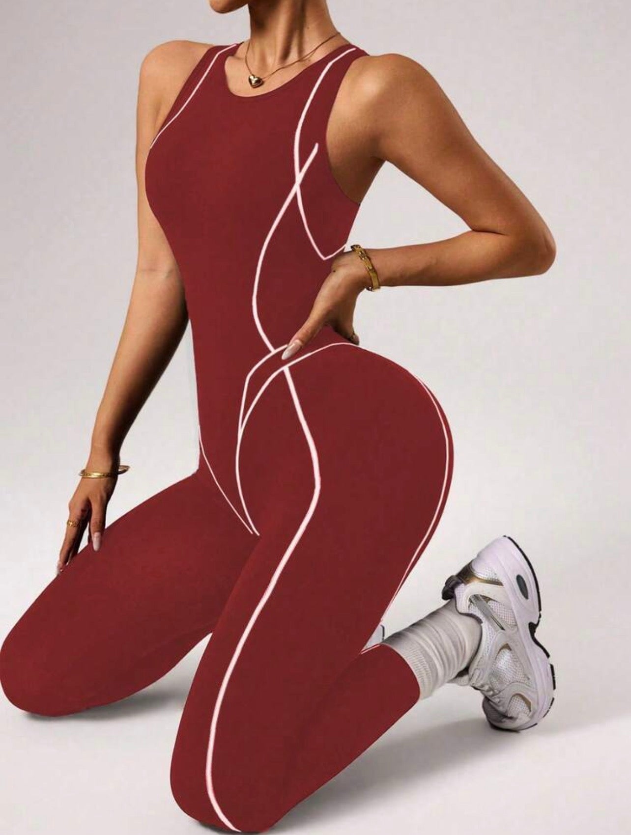 Women’s Seamless Activewear Jumpsuit with Stripe Detail, 7/8 Length Fitness Outfit for Yoga, Gym & Running