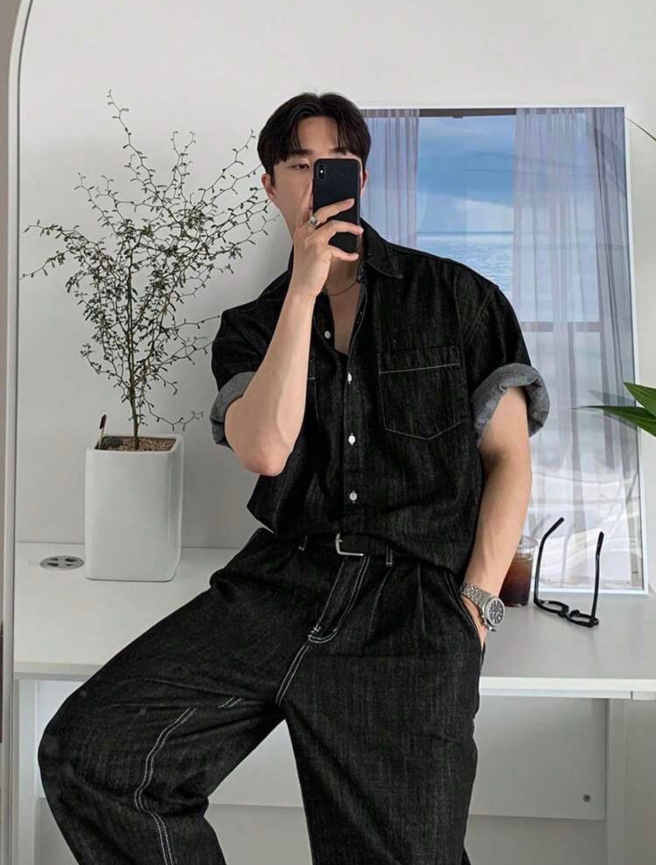 Men’s Solid Color Denim Two-Piece Suit – Casual Spring/Summer Outfit