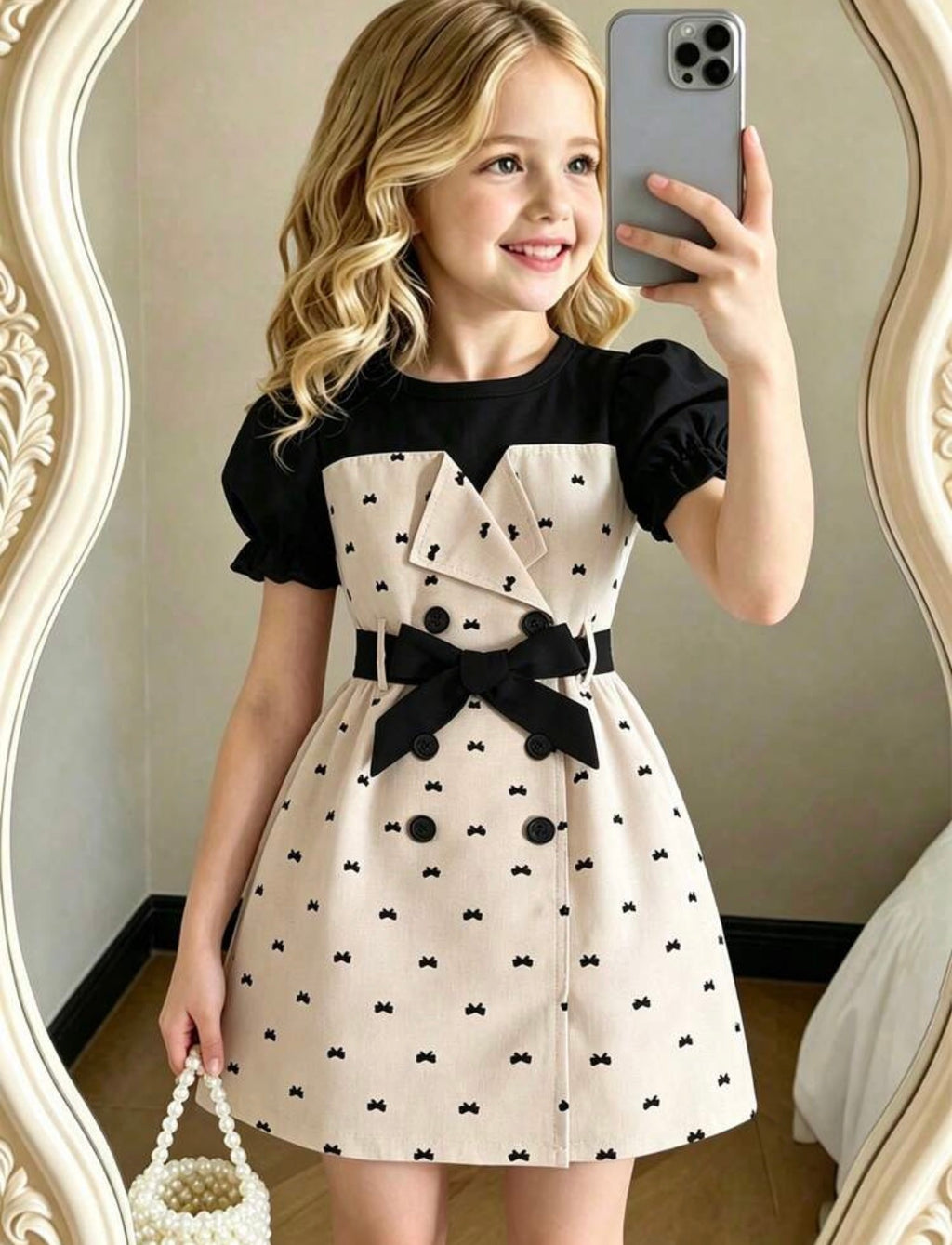 Girls Contrast Color Petal Sleeve Bow Detail A-Line Dress for Parties & Casual Wear