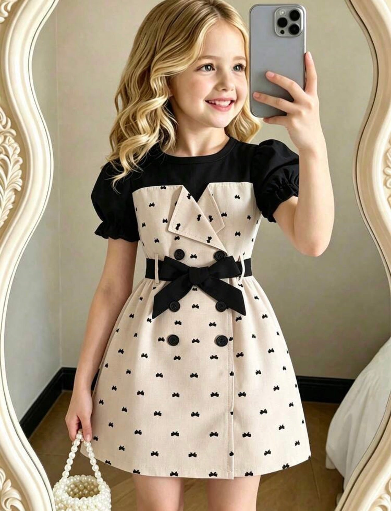 Girls Contrast Color Petal Sleeve Bow Detail A-Line Dress for Parties & Casual Wear
