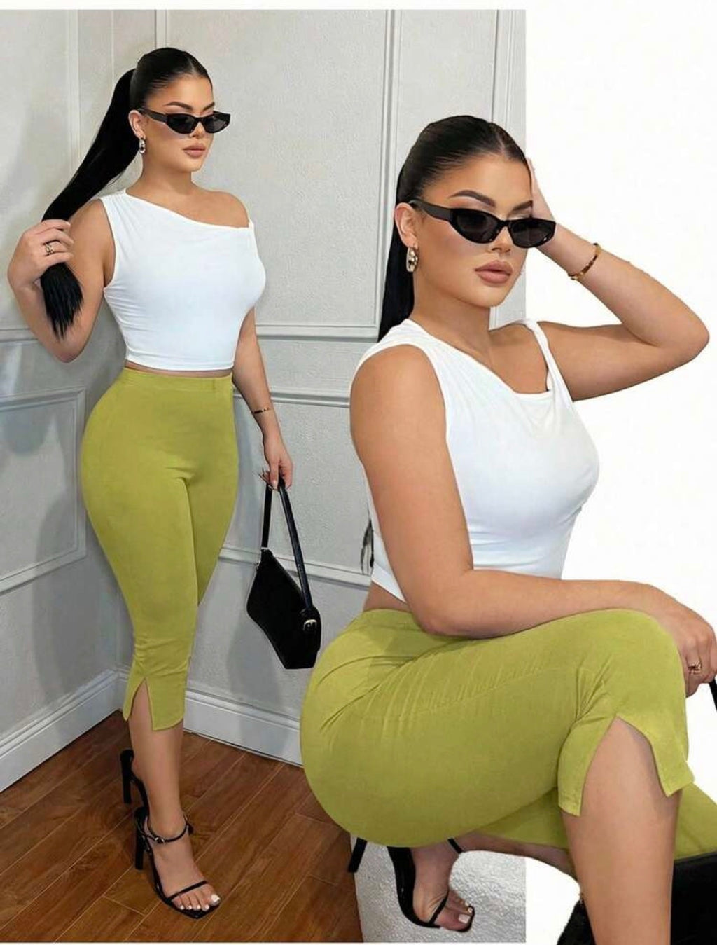 Women’s High Waist Skinny Split Hem Cropped Leggings – Casual Versatile Capris