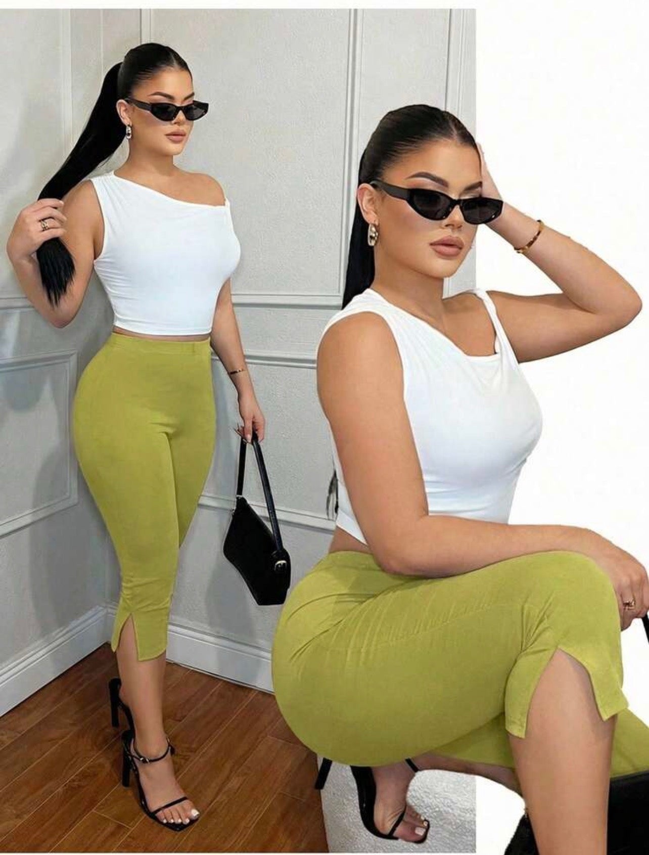 Women’s High Waist Skinny Split Hem Cropped Leggings – Casual Versatile Capris