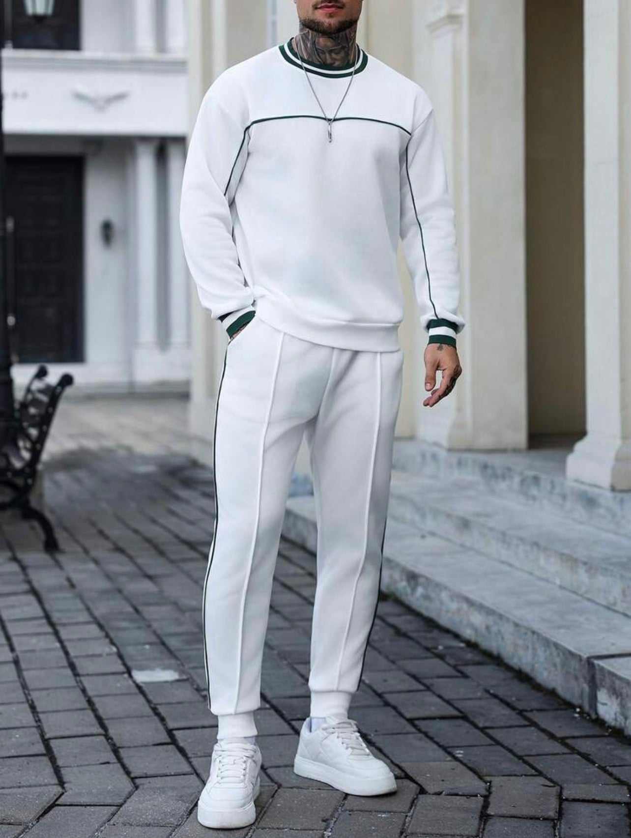 Men’s Fleece Thermal Lined Sweatshirt & Drawstring Sweatpants Two-Piece Set – Contrast Trim Casual Outfit