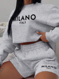 Women’s Letter Print Crew Neck Long Sleeve Top & Shorts Two-Piece Set