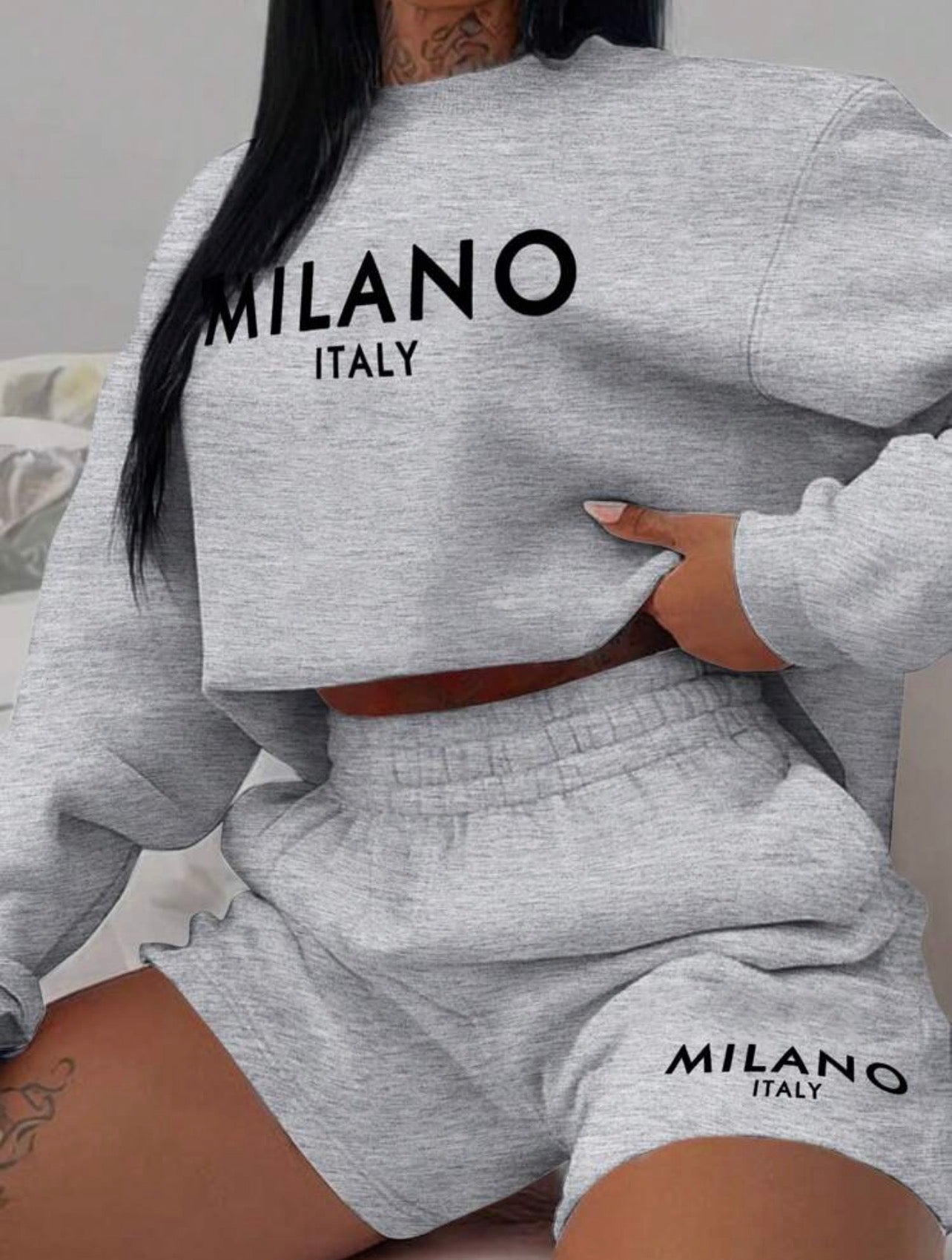 Women’s Letter Print Crew Neck Long Sleeve Top & Shorts Two-Piece Set