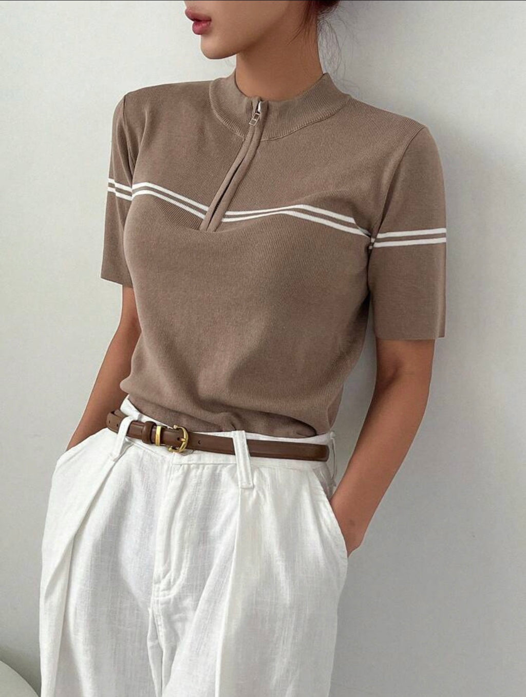 Women’s Business Casual Stand Collar Short Sleeve Knit Pullover Top