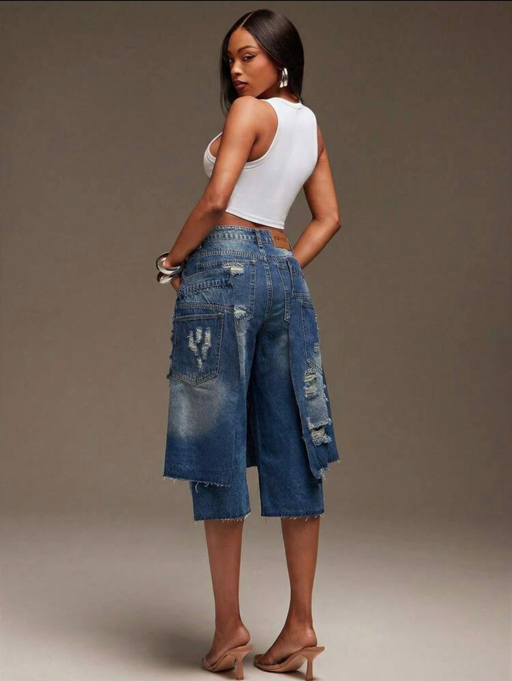 Women’s Layered Distressed Denim Jorts – Casual Streetwear Shorts