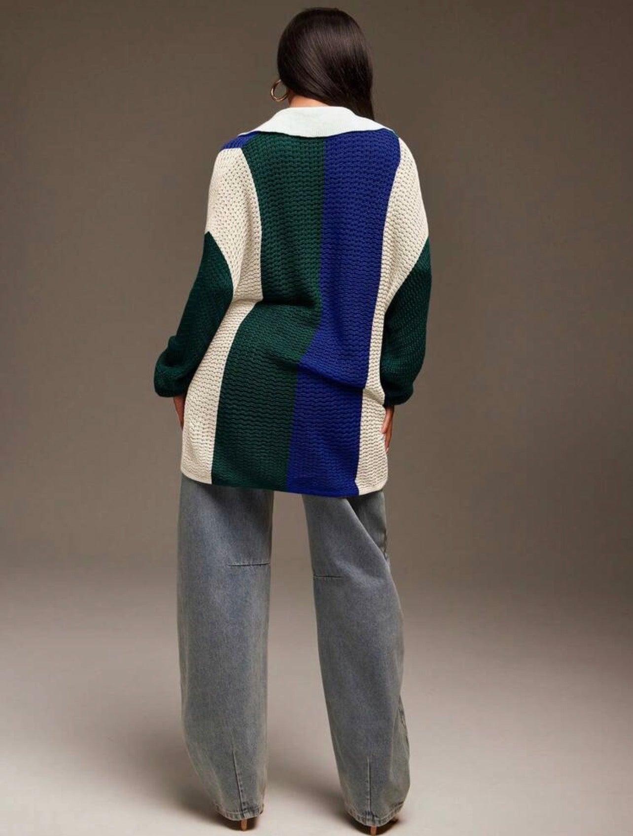 Women’s Collared Oversized Striped Knit Long Sleeve Top – Casual Streetwear