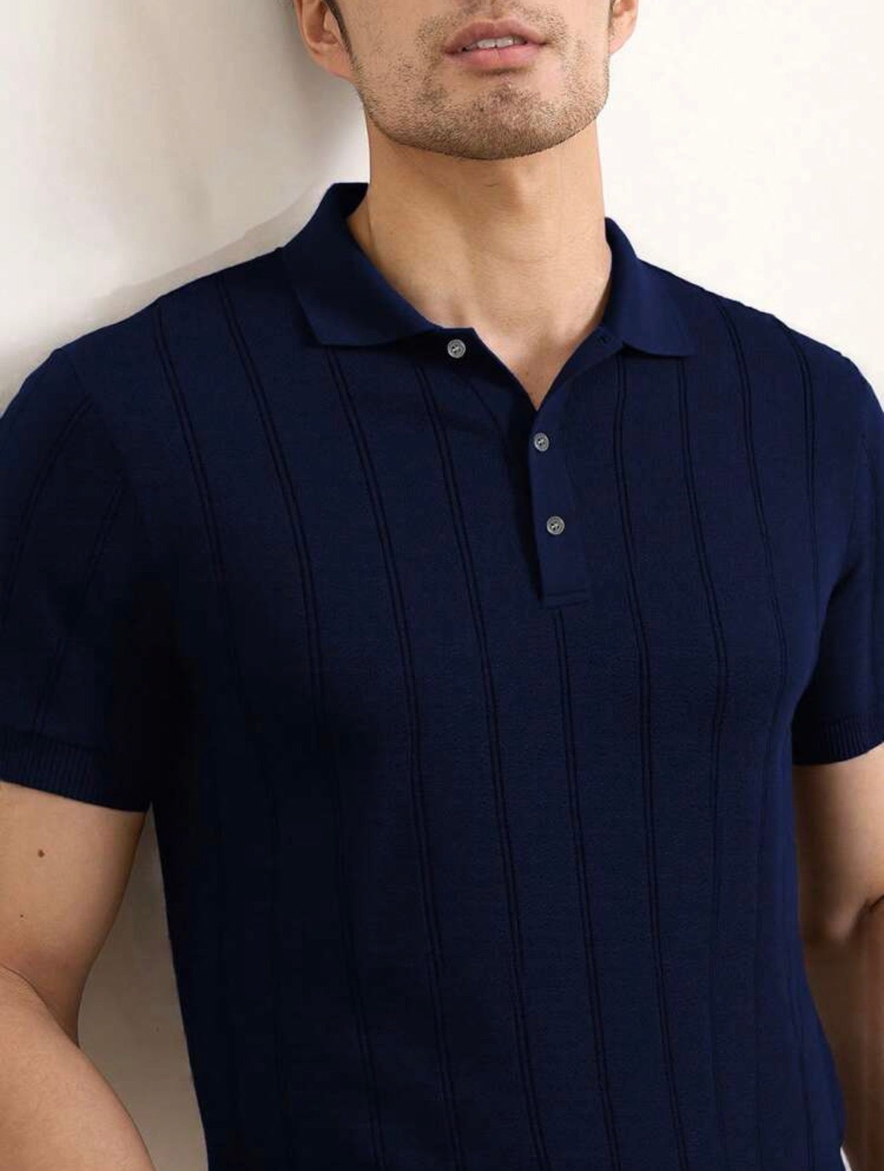 Men’s Ribbed Knit Polo Neck Short Sleeve Top – Casual Daily Wear Shirt