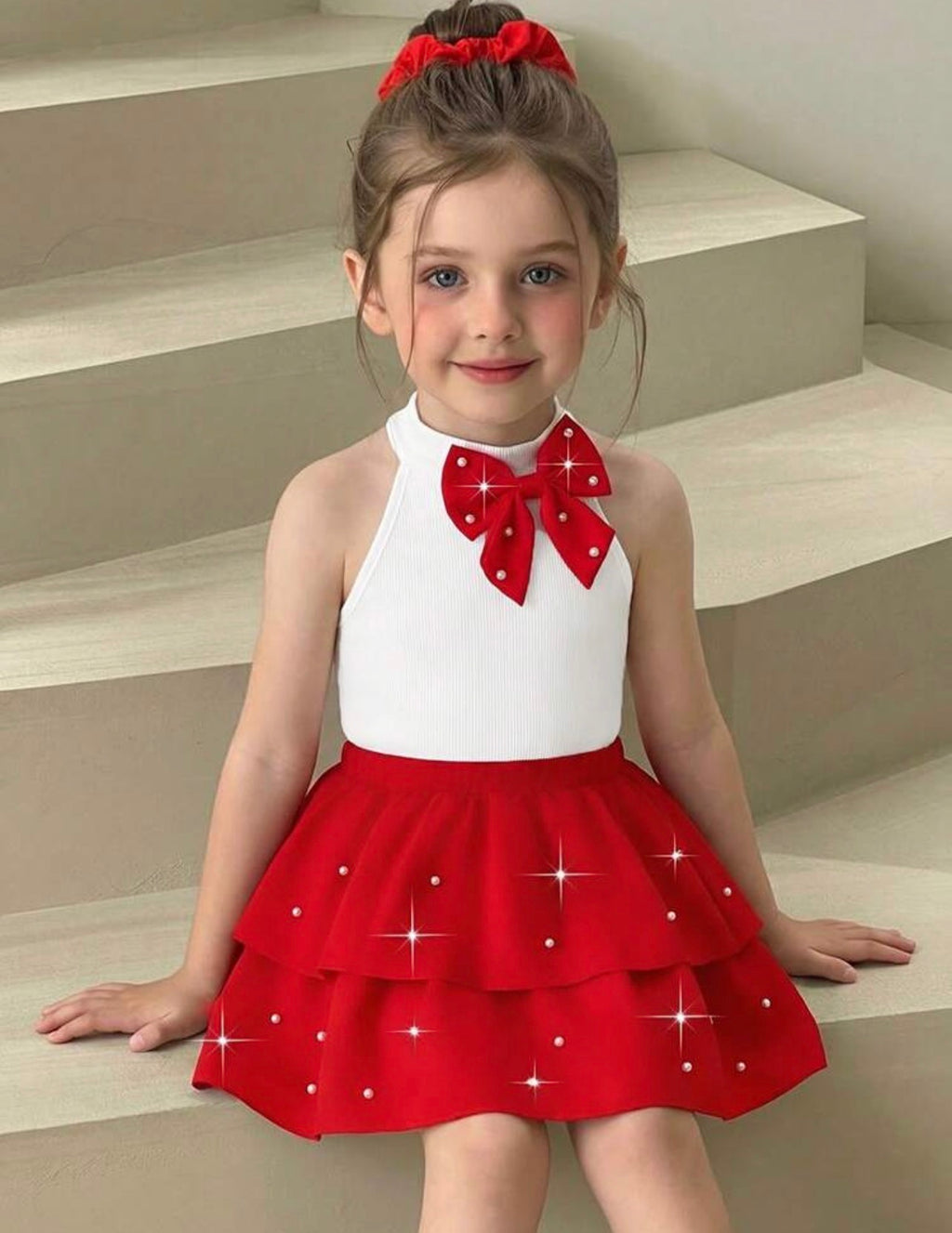 Girls Pearl Bow Halter Ribbed Top & Layered Skirt Elegant 2-Piece Summer Set