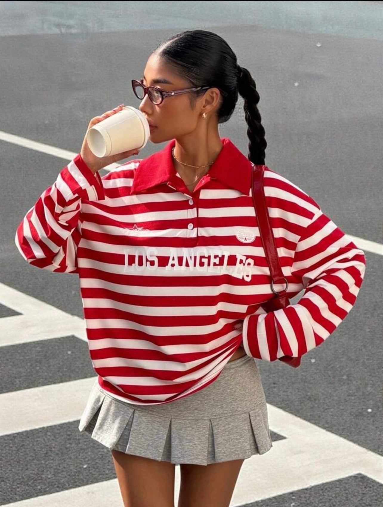 Women’s Red Striped Letter Print Long Sleeve T-Shirt – Casual Streetwear Top