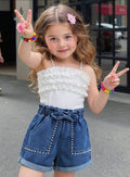 Toddler Girls Ruffle Denim Cami Top & Pearl Bow Shorts 2-Piece Summer Set