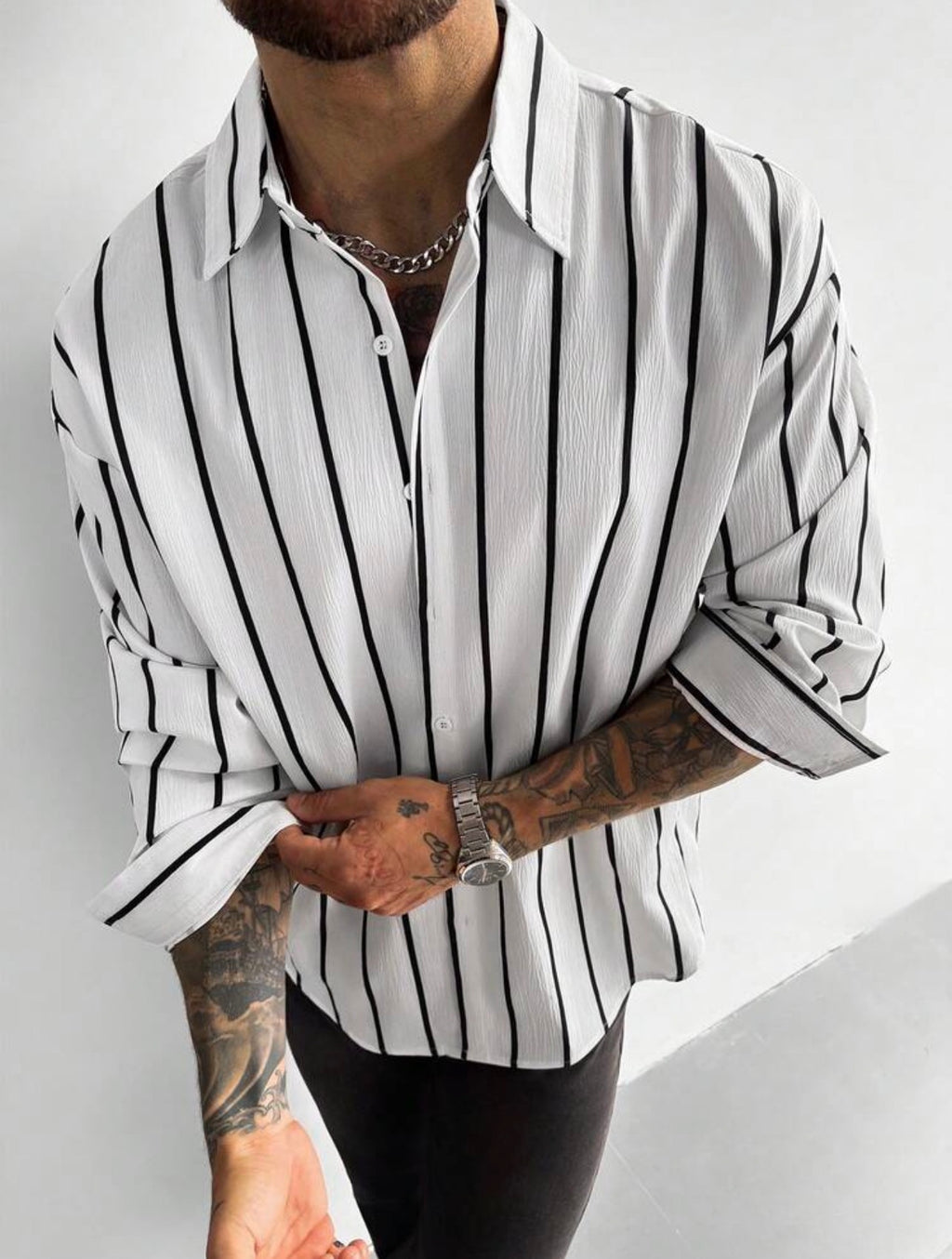 Men’s Classic Striped Linen-Feel Long Sleeve Button-Down Shirt – Casual Office Top