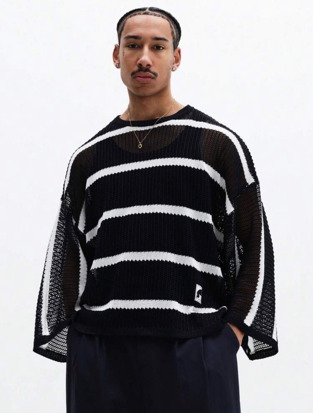 Men’s Horizontal Striped Mesh Knit Sweater – Long Sleeve Crew Neck Pullover