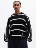 Men’s Horizontal Striped Mesh Knit Sweater – Long Sleeve Crew Neck Pullover