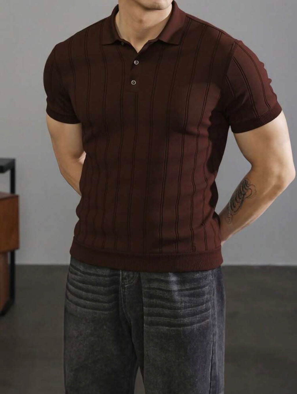 Men’s Ribbed Knit Polo Neck Short Sleeve Top – Casual Daily Wear Shirt
