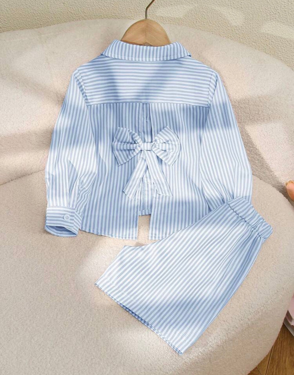Girls Patchwork Contrast Collar Long Sleeve Shirt & Striped Pants Outfit Set