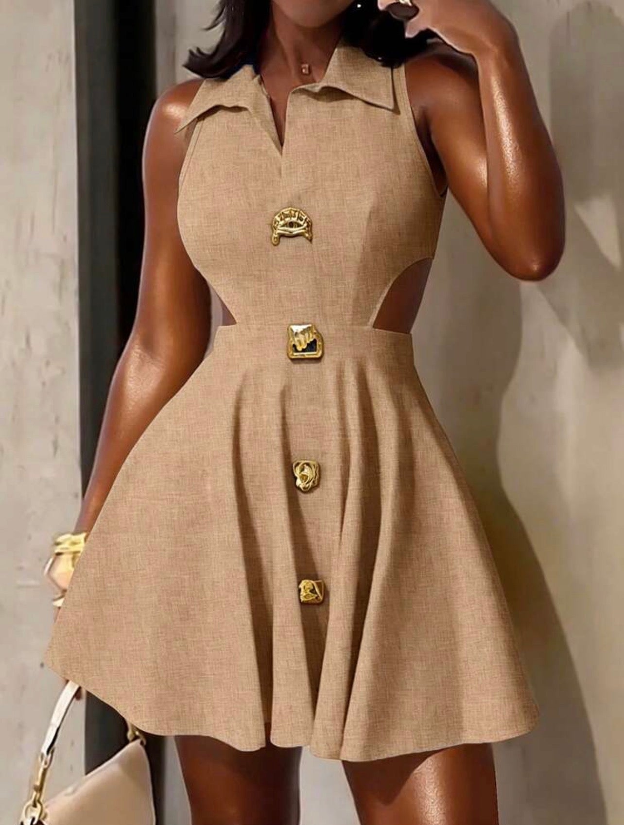 Women’s Elegant Sleeveless Lapel A-Line Dress with Asymmetrical Hem & Metal Buckle Detail