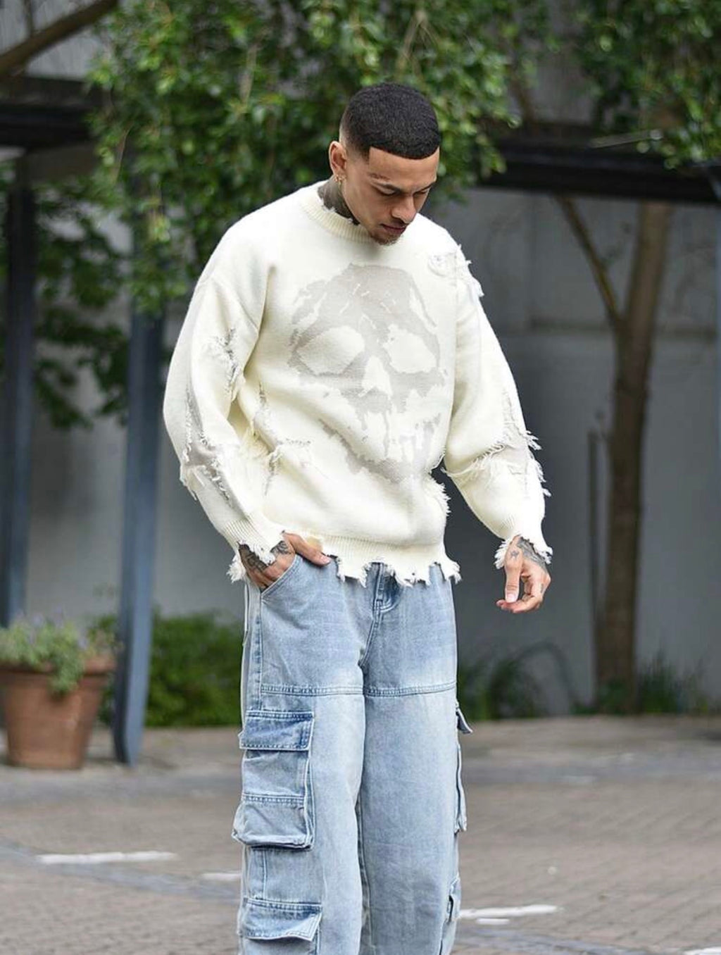 Men’s Skull Print Distressed Fringed Crew Neck Sweater – Casual Streetwear Pullover