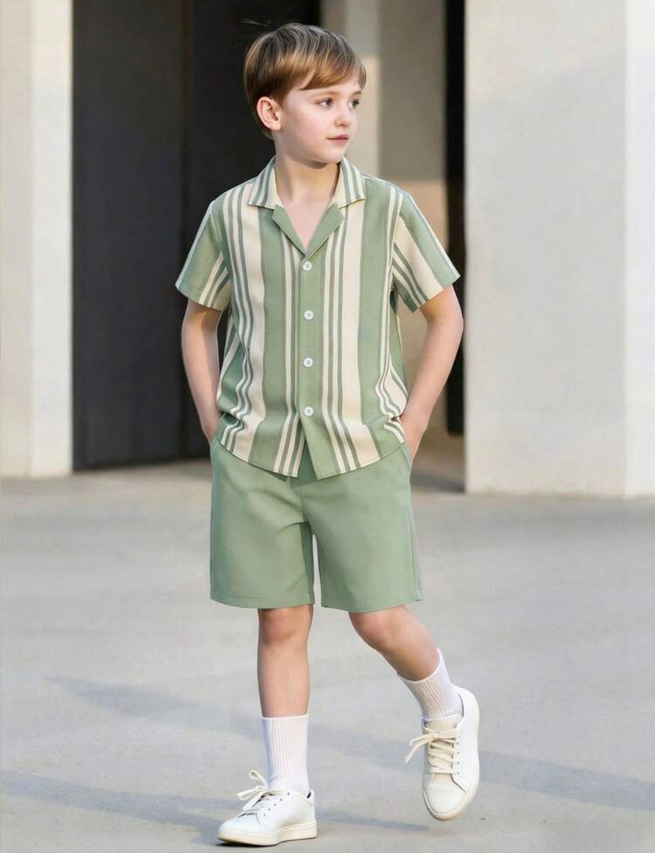 Boys Vertical Stripe Short Sleeve Shirt & Solid Shorts Casual Summer Set