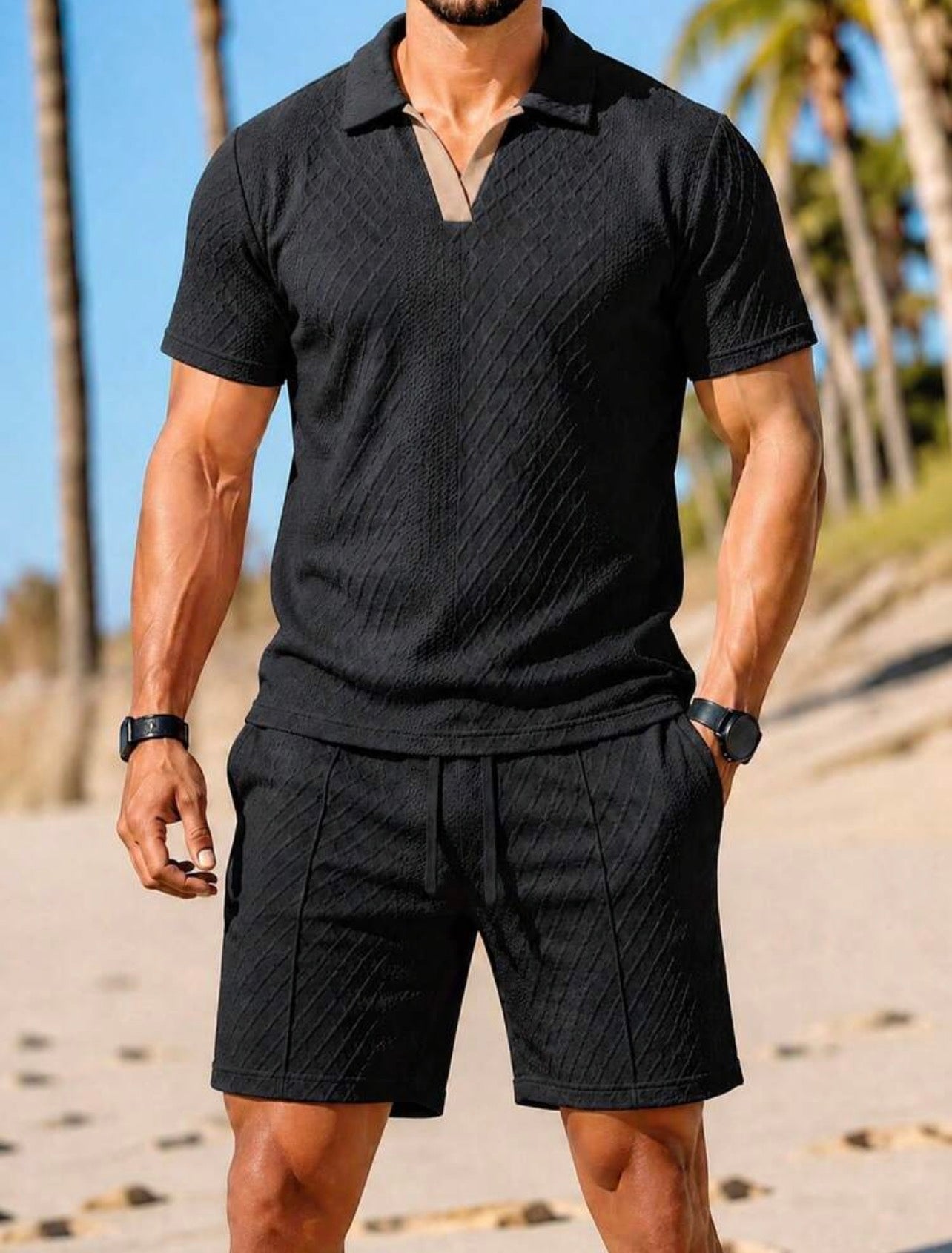 Men’s Polo Collar Short Sleeve Shirt & Shorts Two-Piece Resort Set – Casual Summer Outfit