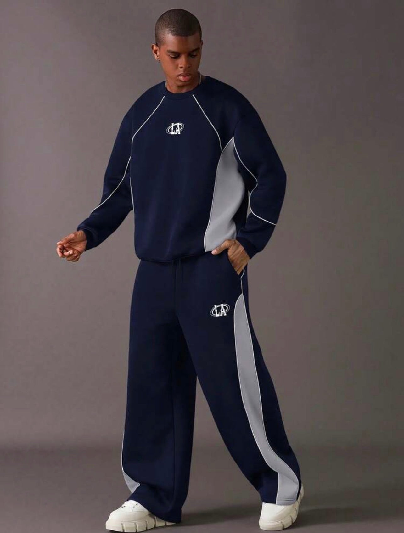 Men’s Contrast Color Long Sleeve Sweatshirt & Sweatpants Two-Piece Set – Casual Cozy Outfit
