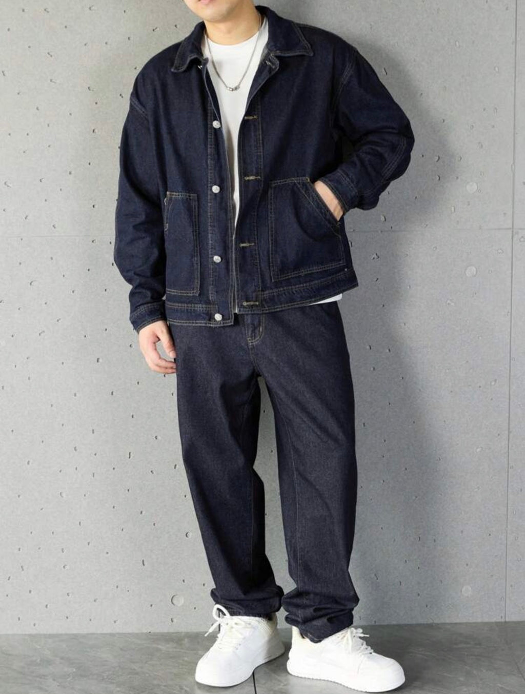 Men’s Solid Color Denim Two-Piece Set – Long Sleeve Top & Pants Casual Outfit