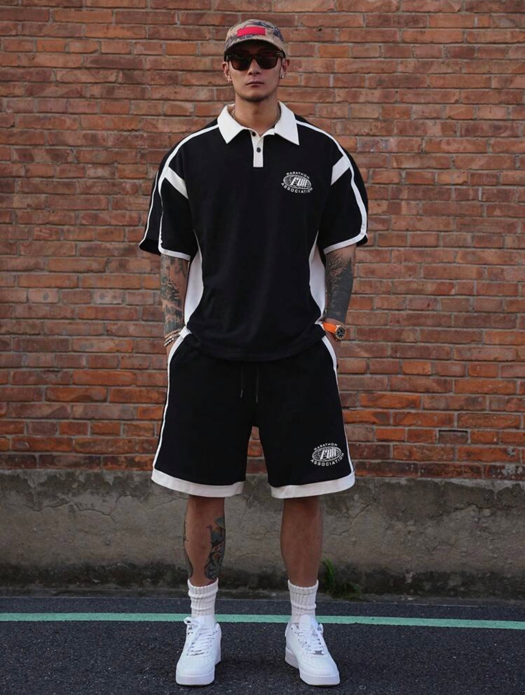 Men’s Letter Print Color Block Polo Shirt & Shorts Two-Piece Summer Set
