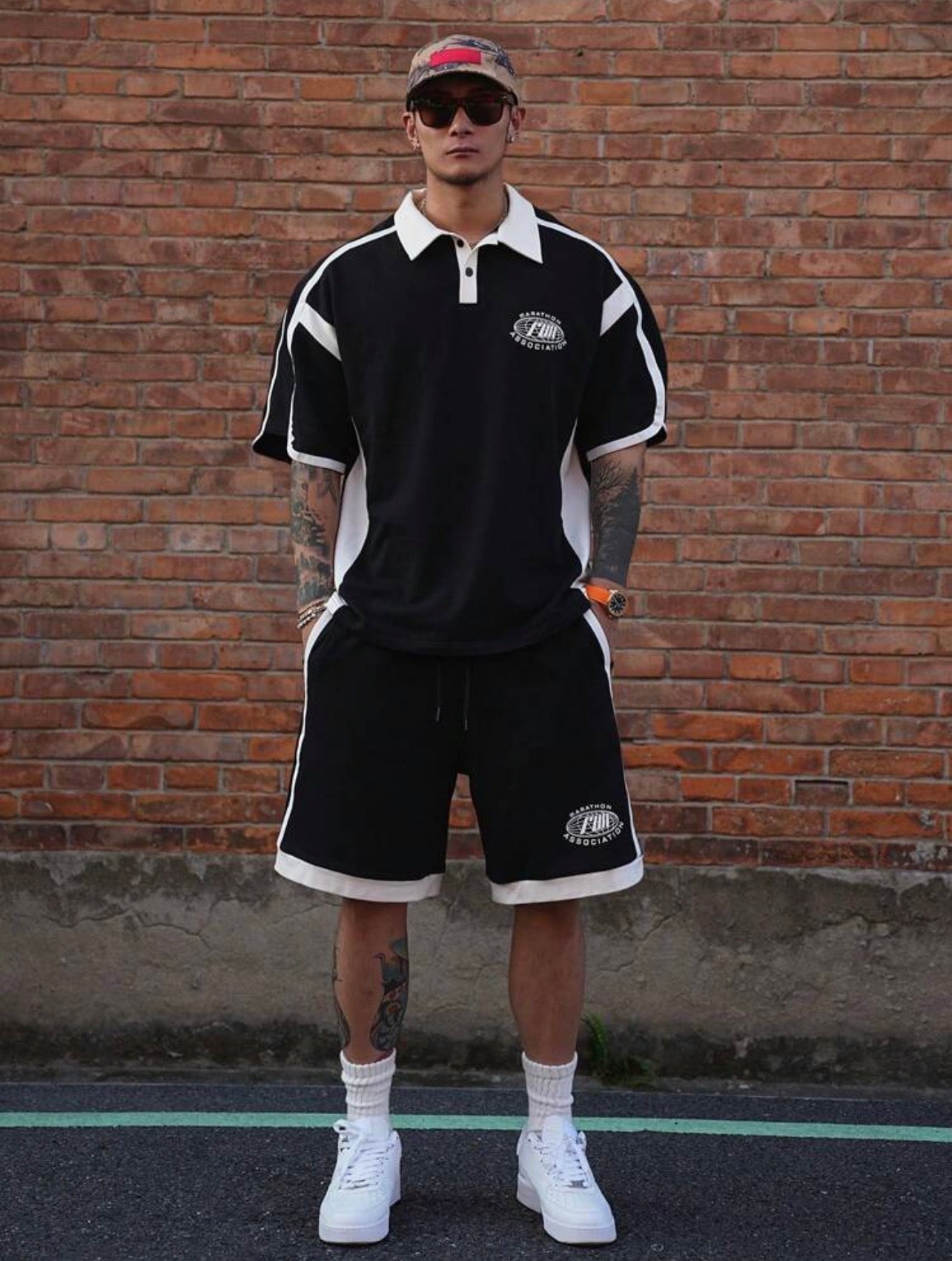 Men’s Letter Print Color Block Polo Shirt & Shorts Two-Piece Summer Set