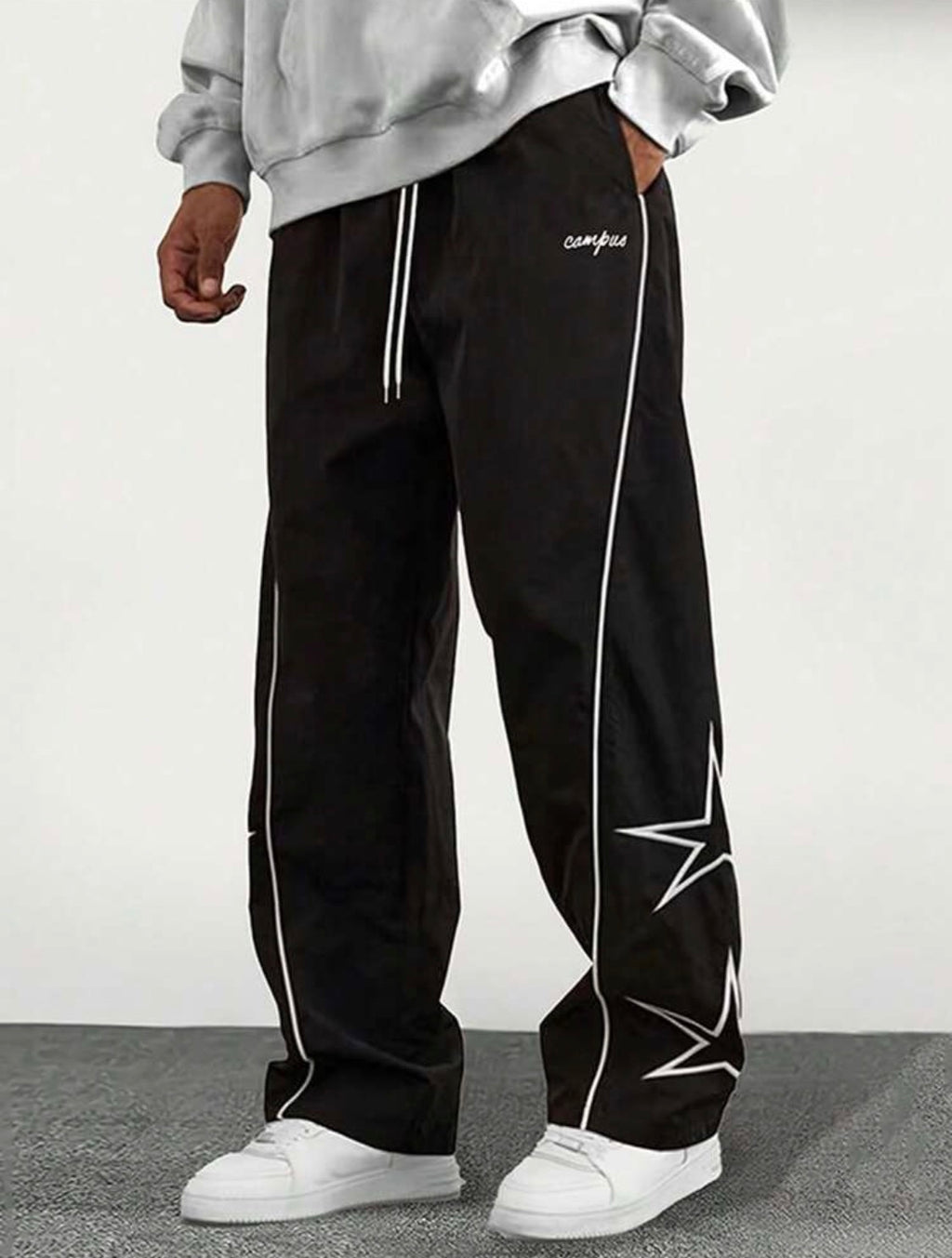 Men’s Straight-Leg Loose Fit Sweatpants with Star & Letter Print – Casual Streetwear Style for Fall