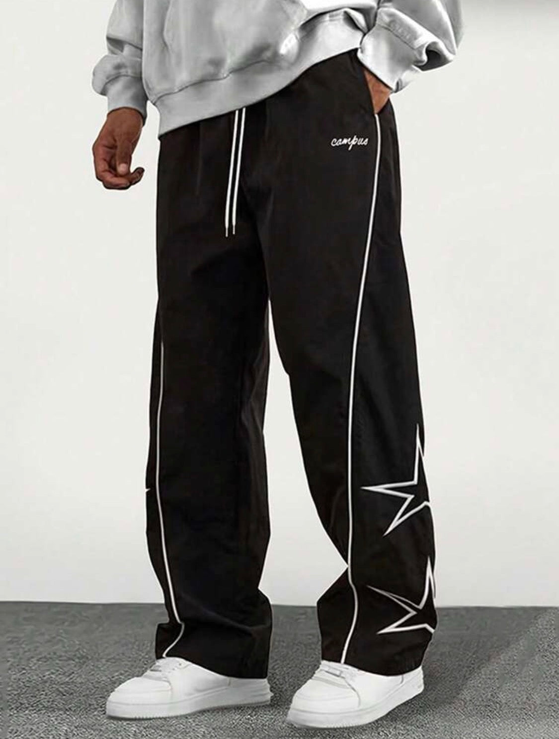 Men’s Straight-Leg Loose Fit Sweatpants with Star & Letter Print – Casual Streetwear Style for Fall