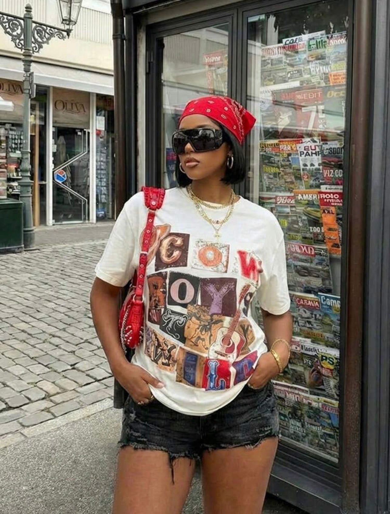 Women’s Knitted Letter Print Round Neck Graphic T-Shirt – Casual Streetwear Top