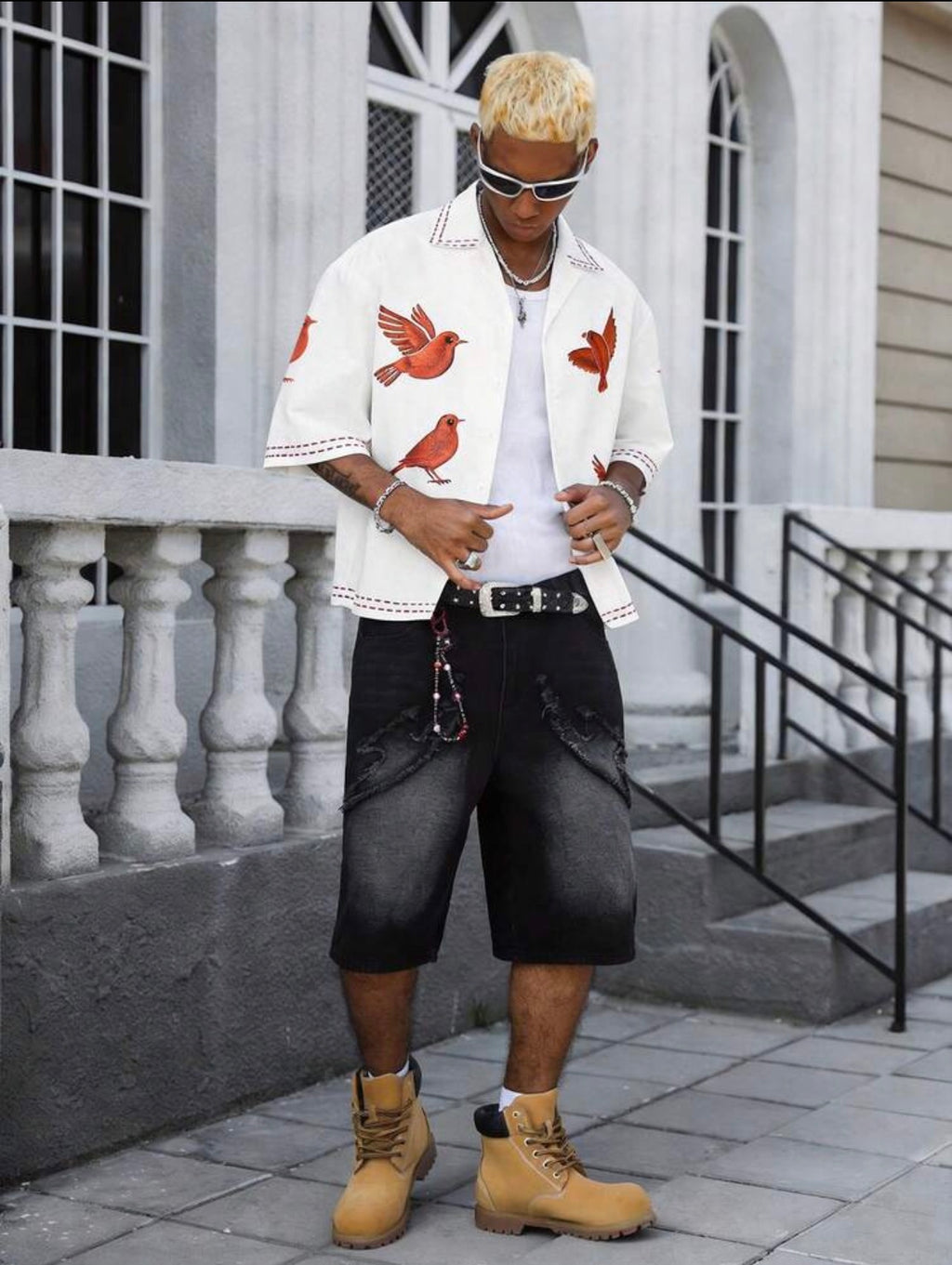 Men’s Bird Print Cuban Collar Short Sleeve Oversized Shirt – Casual Summer Beach Top
