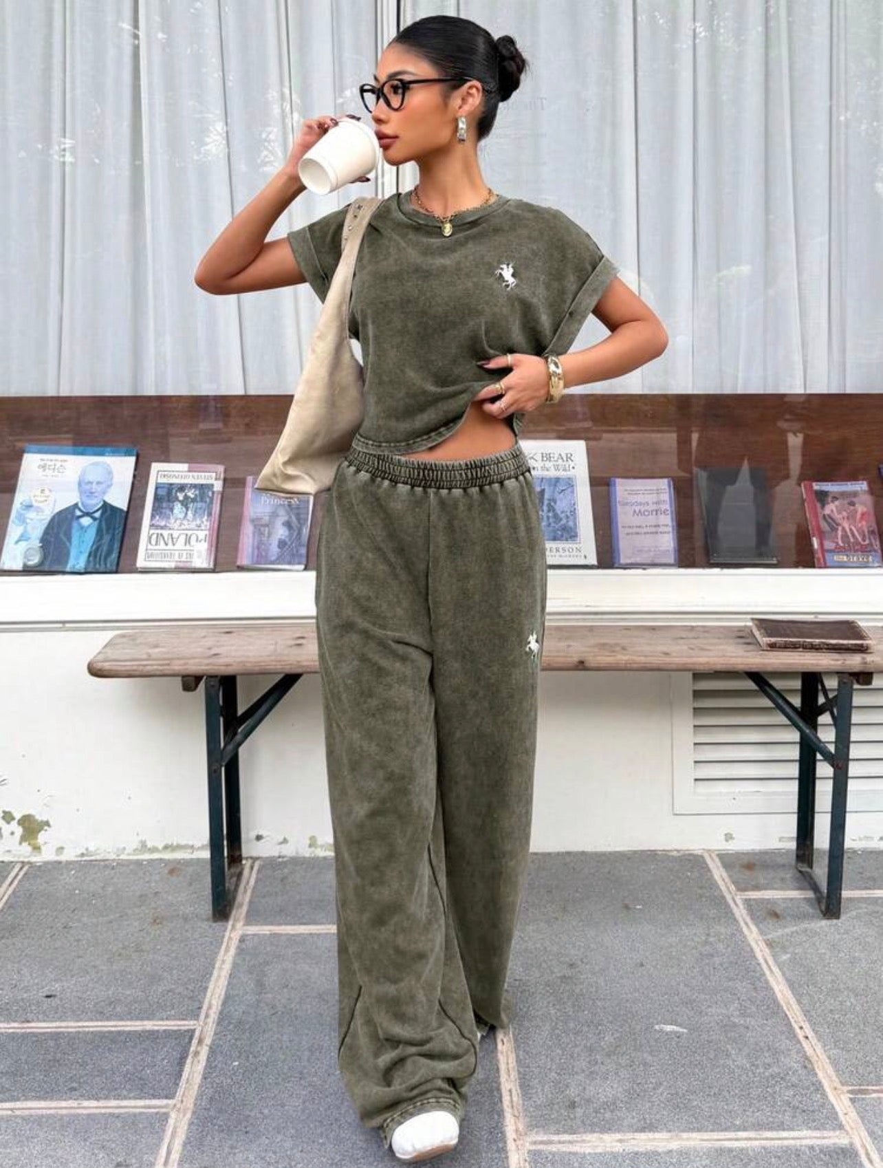 Women’s Vintage Washed Embroidered Loose T-Shirt & Wide Leg Pants Two-Piece Set