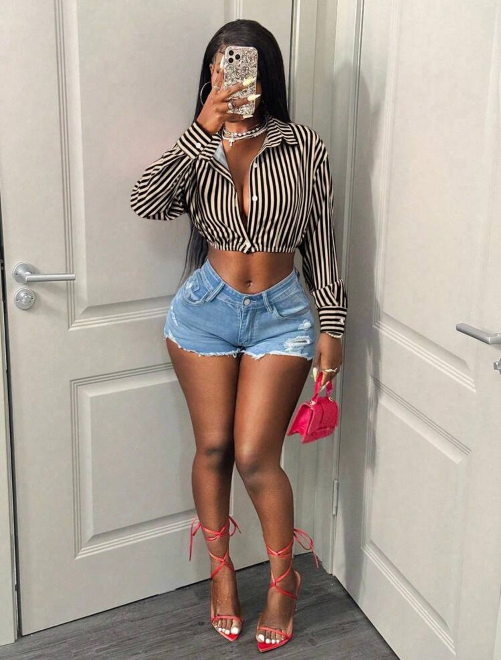 Women’s Striped Single-Breasted Cropped Long Sleeve Shirt – Casual Fashion Top