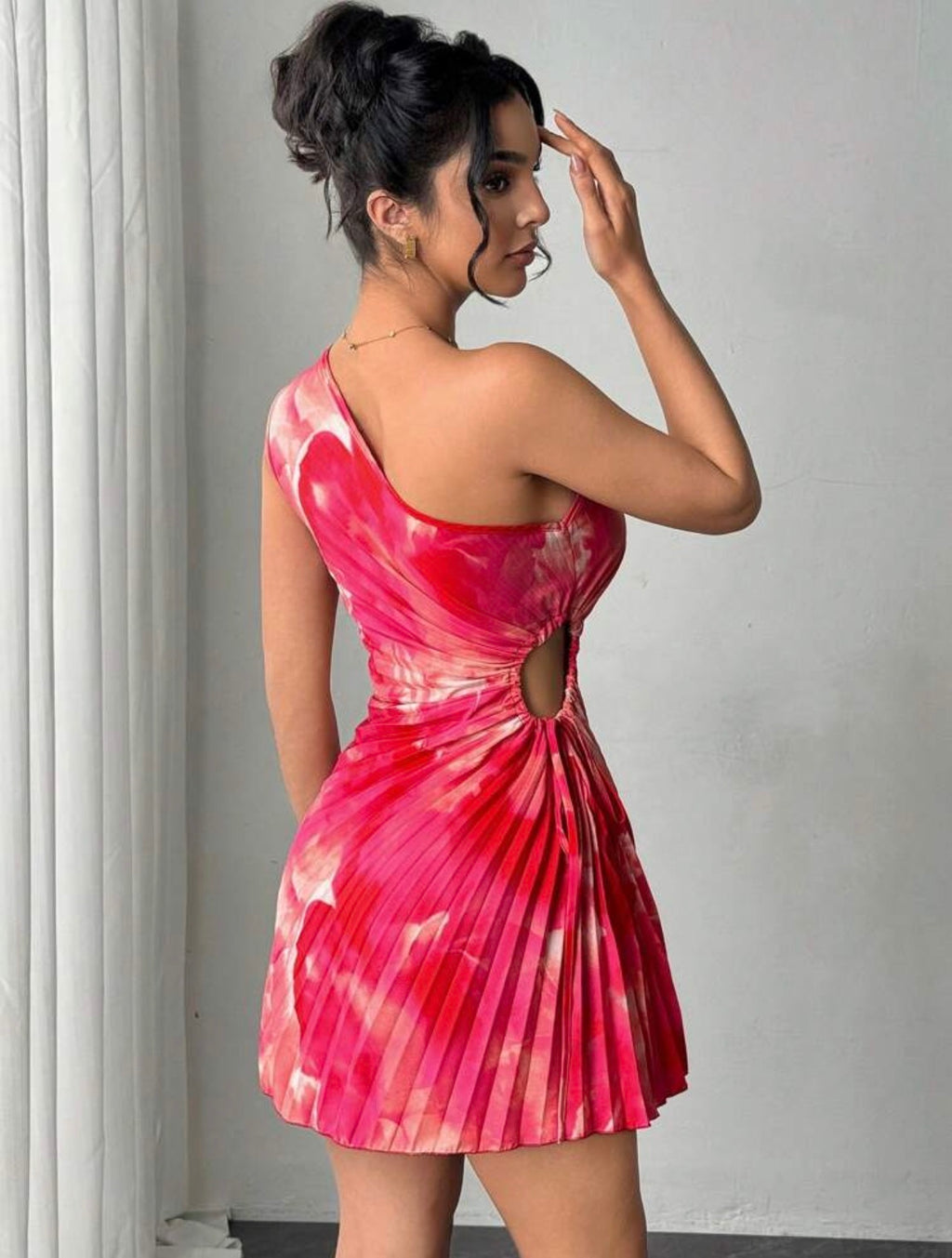 Women’s Asymmetric Neck Ruched Printed Casual Vacation Dress