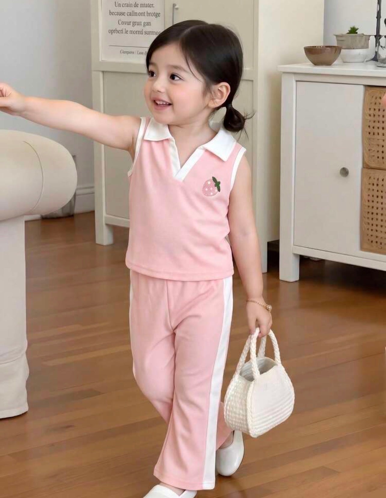 Girls Strawberry Embroidered White Collar Top & Pink Flared Pants Casual Outfit