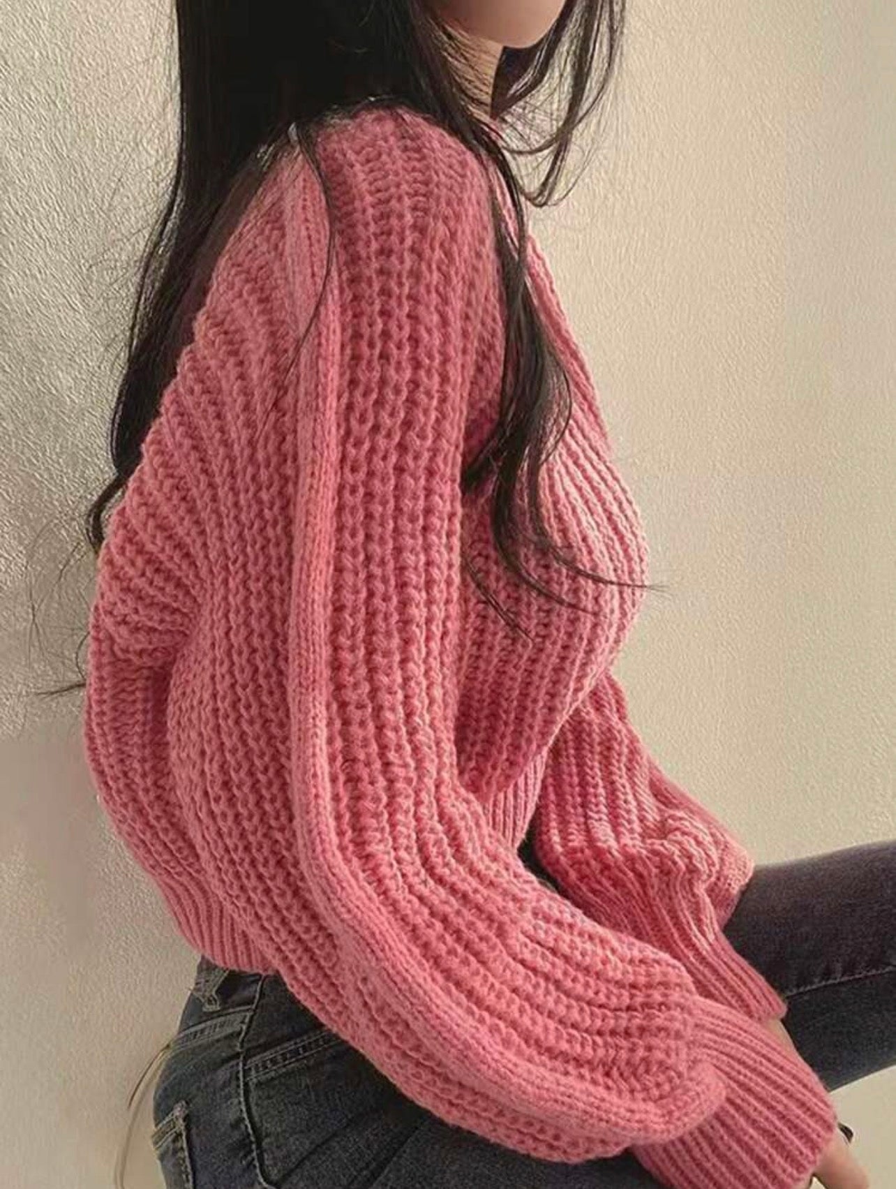 Women’s Crew Neck Long Sleeve Cropped Sweater – Casual Solid Knit Top