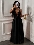 Women’s Spaghetti Strap Backless Criss-Cross High Slit Ruched Hem Dress