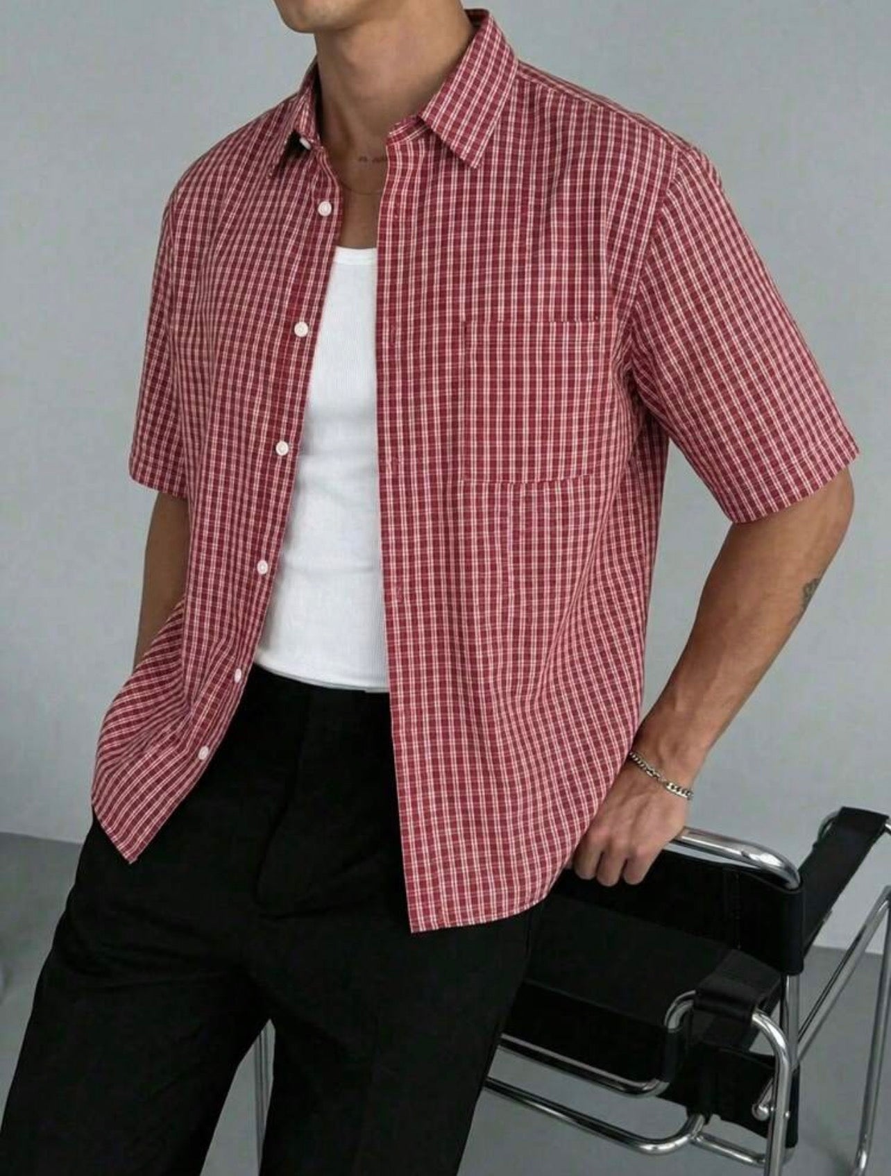 Men’s Loose Fit Plaid Shirt – Retro Checkered Short Sleeve Top