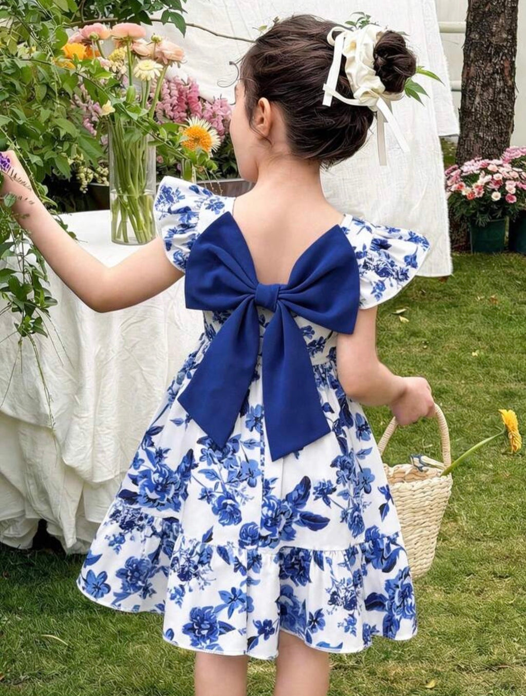 Toddler Girls Floral Waist Tie Back Bow A-Line Midi Dress for Summer Vacation.