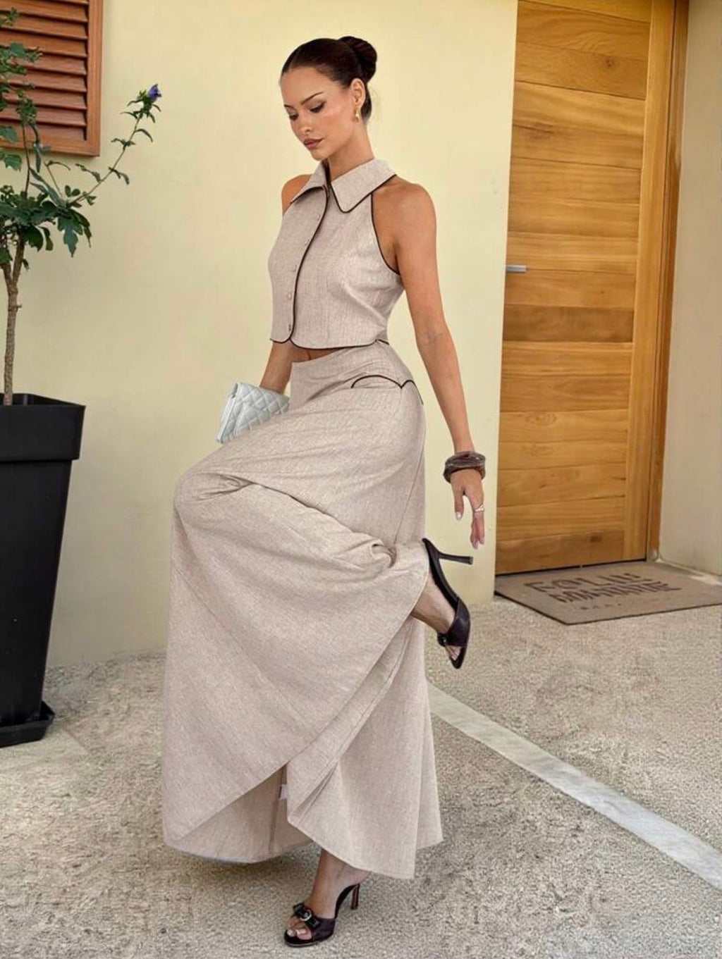 Women’s Linen Sleeveless Collared Top & High-Waisted Long Skirt Two-Piece Set