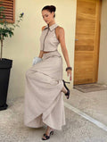 Women’s Linen Sleeveless Collared Top & High-Waisted Long Skirt Two-Piece Set