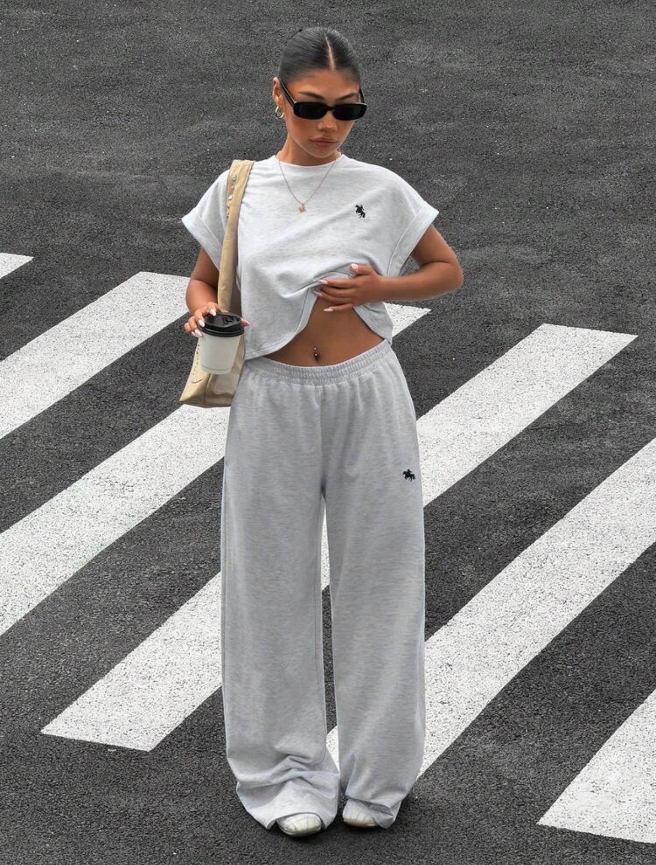 Women’s Vintage Washed Embroidered Loose T-Shirt & Wide Leg Pants Two-Piece Set