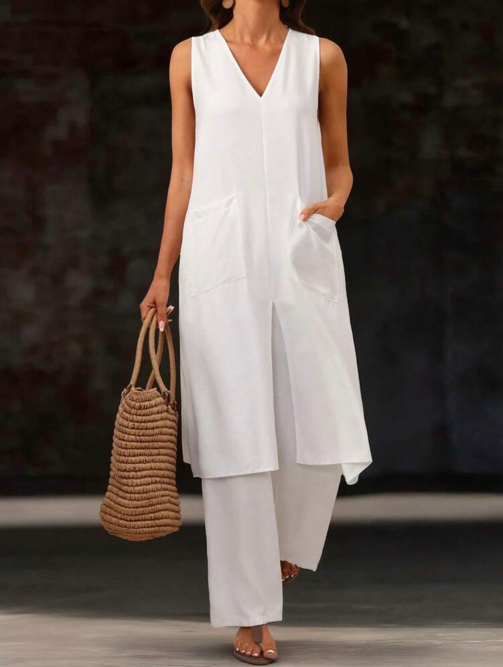 Women’s V-Neck Halter Backless Camisole Top & Loose Straight Leg Pants Two-Piece Set