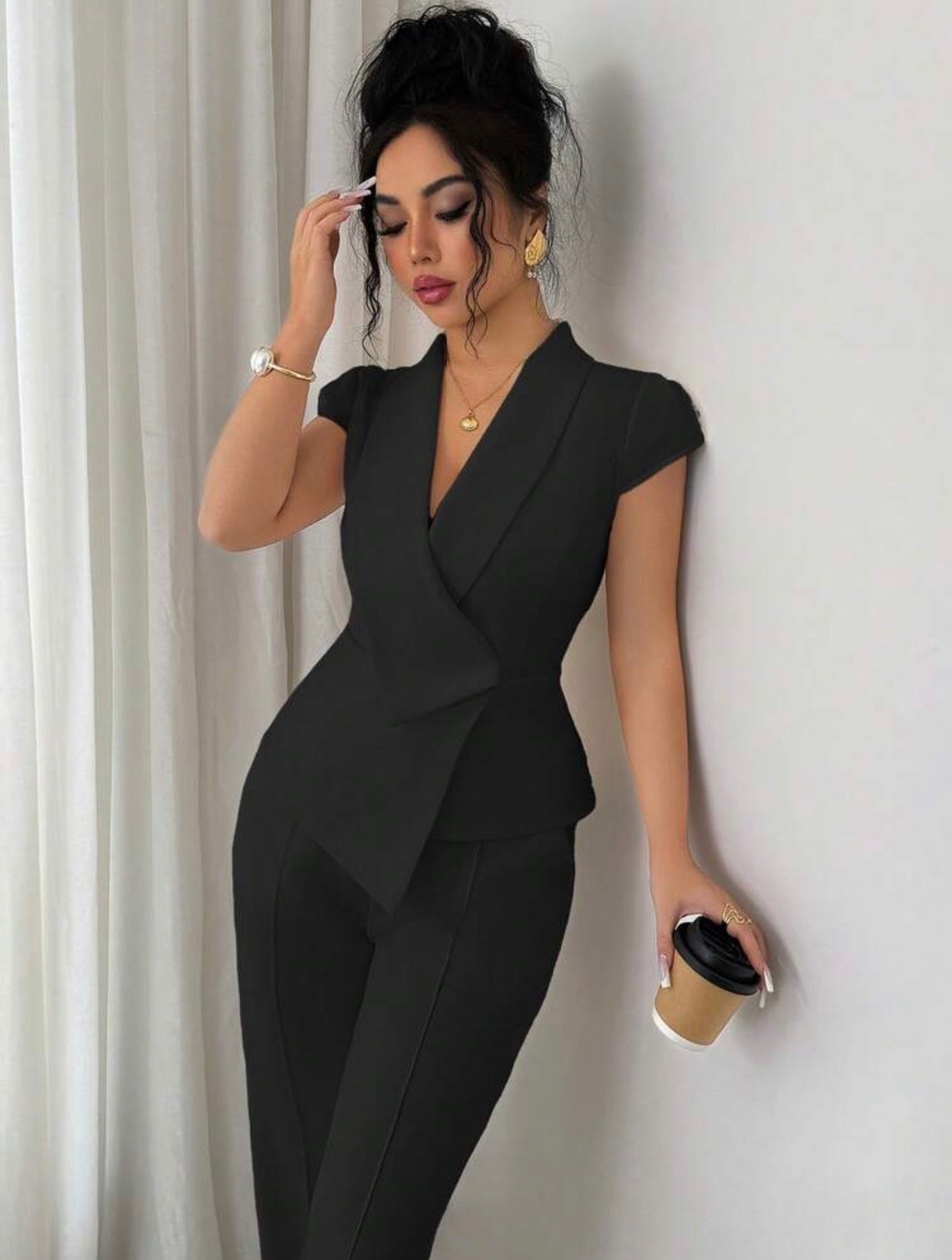 Women’s Elegant Asymmetrical Collar Puff Sleeve Blouse & Elastic Waist Pants Two-Piece Set
