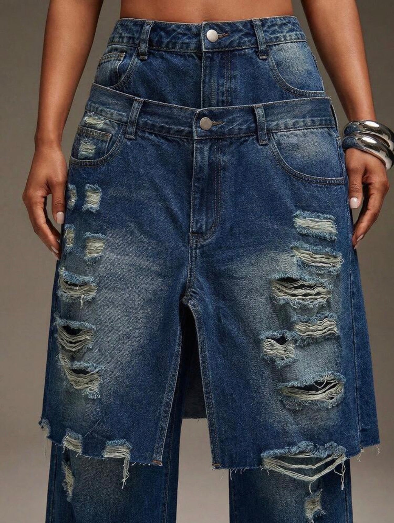 Women’s Layered Distressed Denim Jorts – Casual Streetwear Shorts