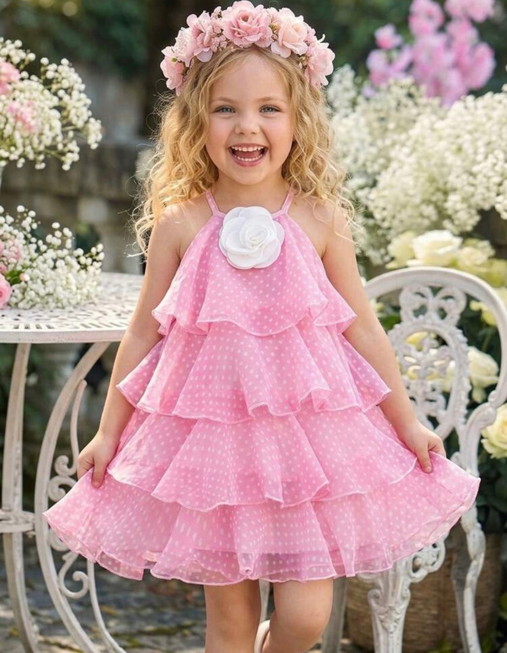 Girls 3D Floral Layered Fairy Dress in White & Pink for Birthdays and Special Occasions