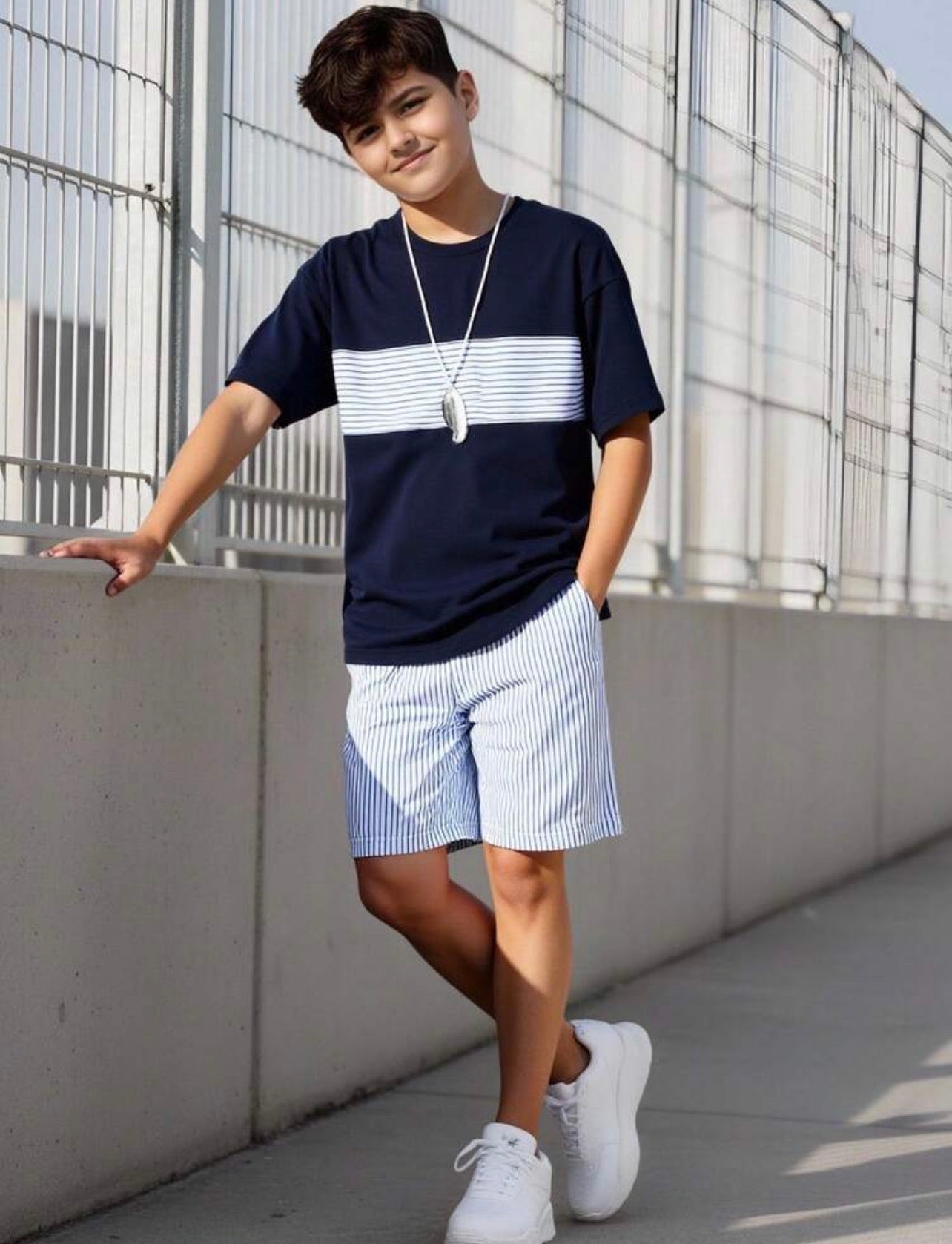 Boys Navy Blue Striped T-Shirt & Loose Shorts Casual Summer Sports Set